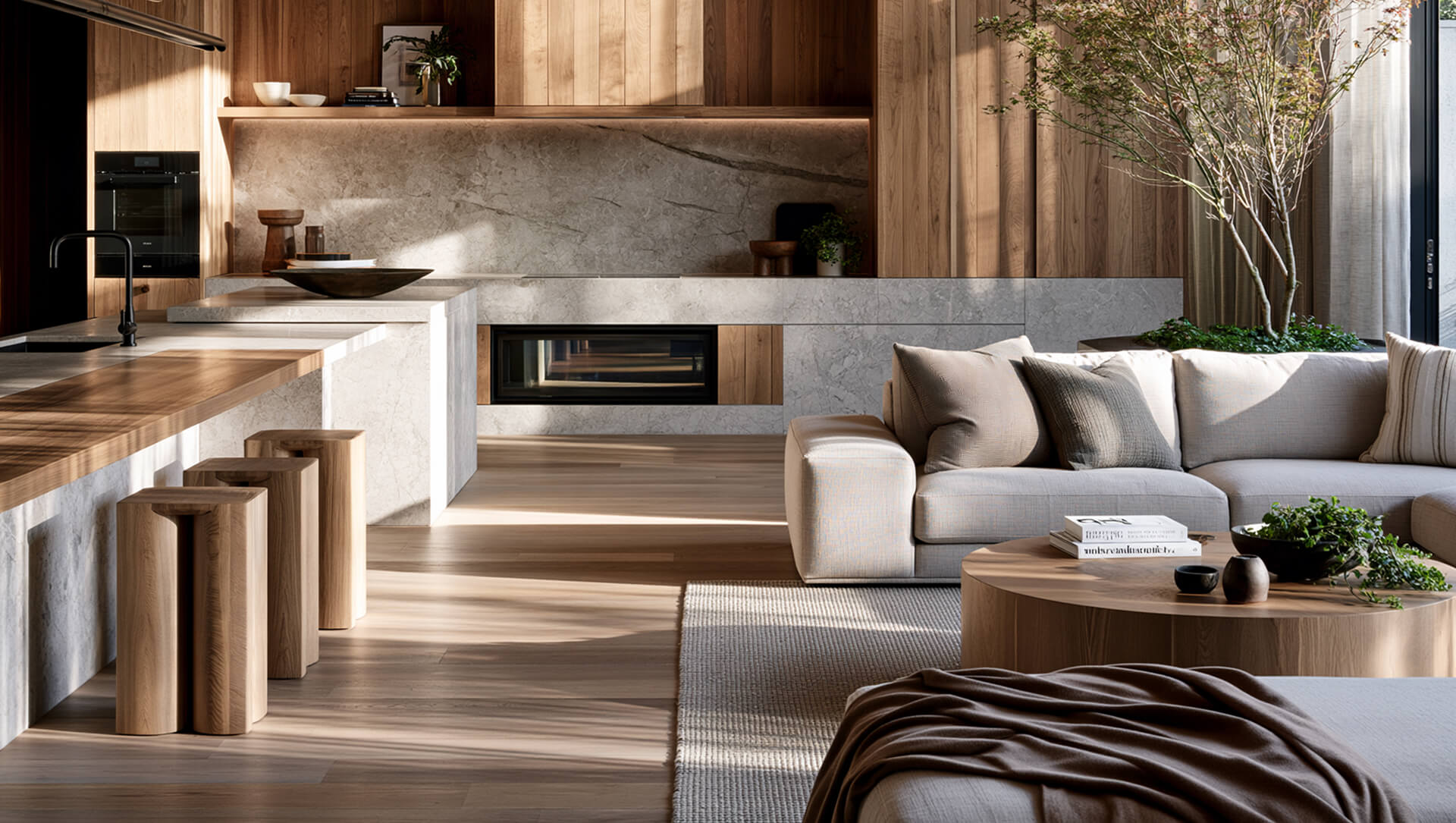 Single-origin French oak interior with wide board flooring and exposed beams
